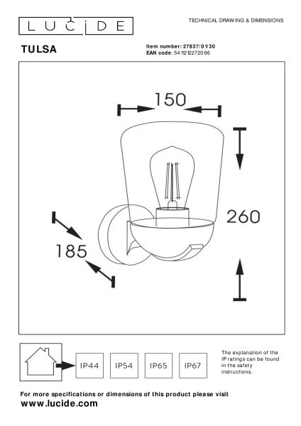 Lucide TULSA - Lámpara de pared Dentro/Fuera - 1xE27 - IP44 - Negro - técnico